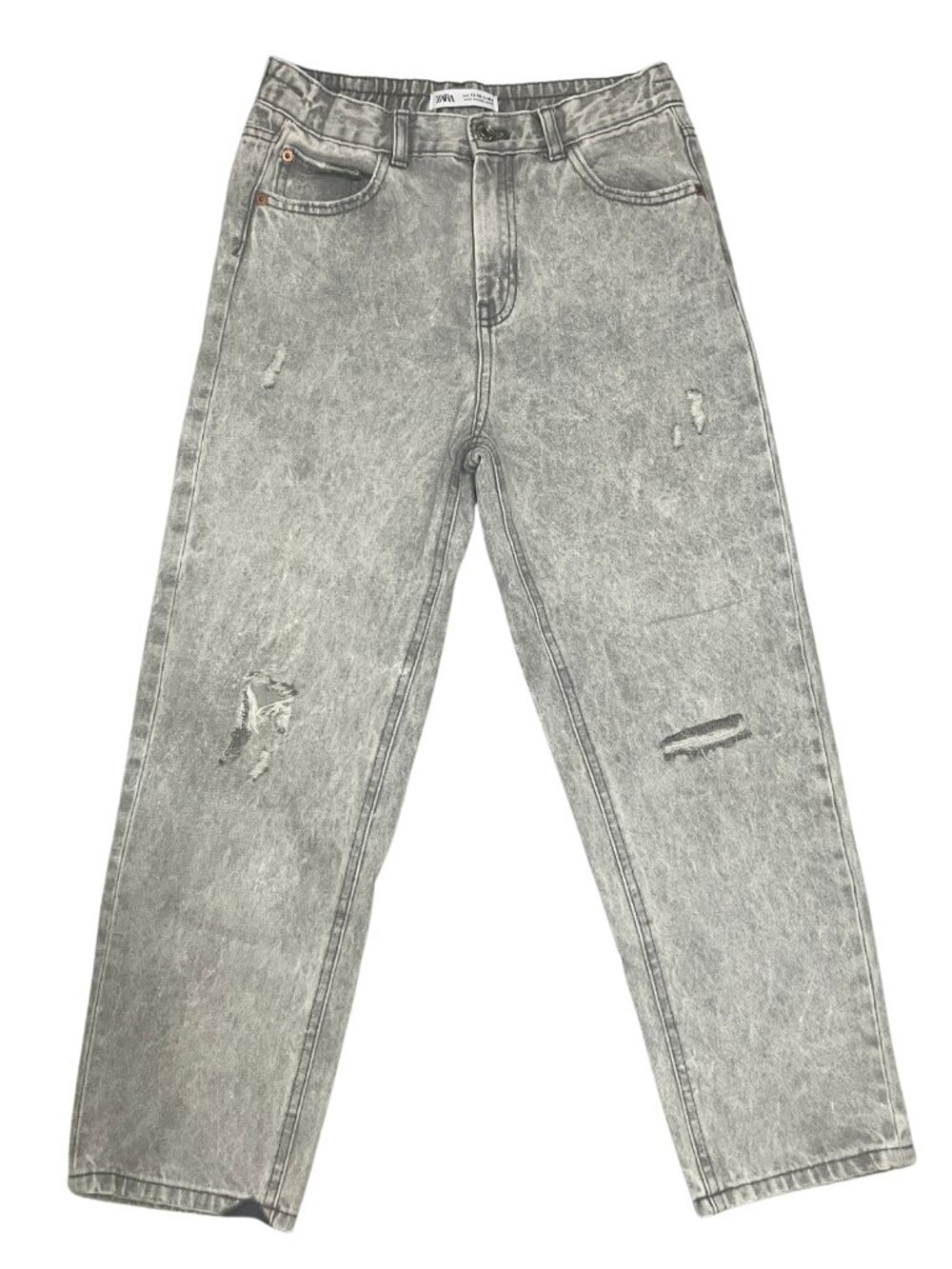 Zara Girls Gray Jeans The Mom Fit Distressed High Waist Acid Wash Denim Sz 13-14